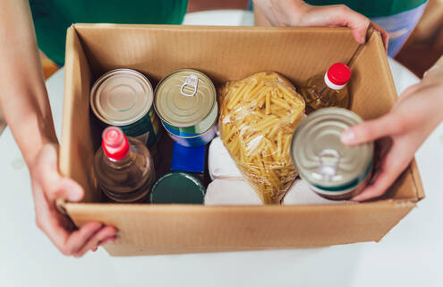 A donation box of food is shown