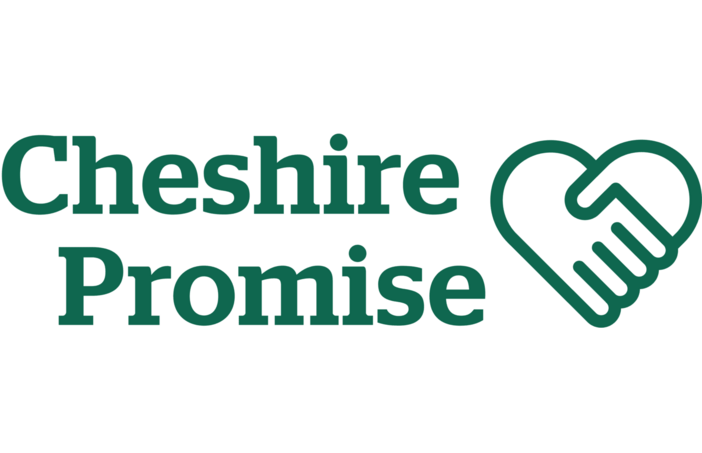 The logo for The Cheshire Promise, which shows two hands shaking in the shape of a heart.